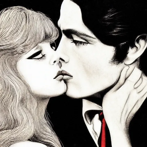 Image similar to 1 9 6 0 s drawing symmetrical pretty elegant brigitte bardot as a vampire kissing alain delon, very detailed intricate intaglio, style of takato yamamoto, lots of flowers