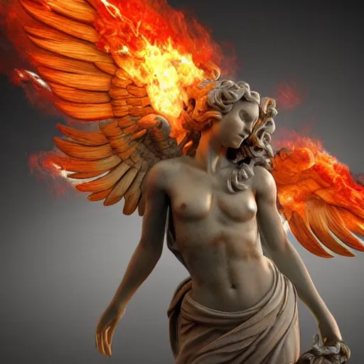 Prompt: marble angel statue with puffed cheeks breathing fire, artstation, cgsociety