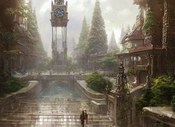 Image similar to A train subway inside a beautiful elven city made of white marble, anime, lush trees, fountain, statue, big clock, trains, a fantasy digital painting by Greg Rutkowski and James Gurney, trending on Artstation, highly detailed