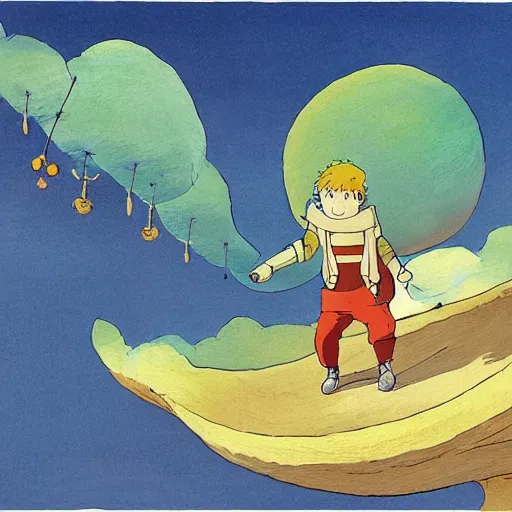 Image similar to illustration to The little prince by antoine de saint-exupéry , in the style of studio ghibli