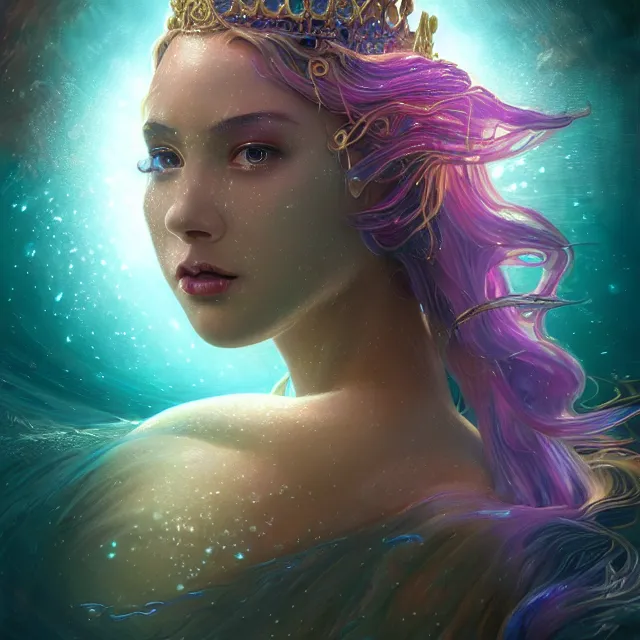 Prompt: detailed portrait of beautiful night underwater princess made of iridescent water, caustics, accurate ray tracing, dark fantasy, sharp focus, vibrant, vivid, wet shiny skin, symmetry, highly detailed, 4 k digital painting, cinematic lighting, raytracing, bubbles, artistic, concept art by artgerm, greg rutkowski, alphonse mucha, unreal engine render,