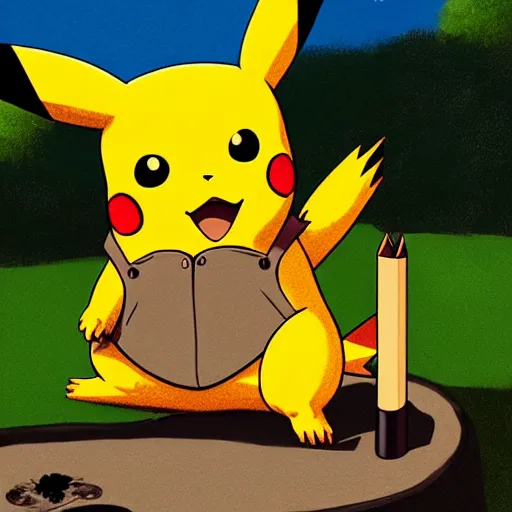 Prompt: pikachu is sitting in a park and smoking weed. he is high, his eyes are red. The mood is friendly and welcoming. highly detailed, digital painting, artstation, concept art, sharp focus, illustration, art by Sandro Botticelli and Michelangelo and leonardo da vinci