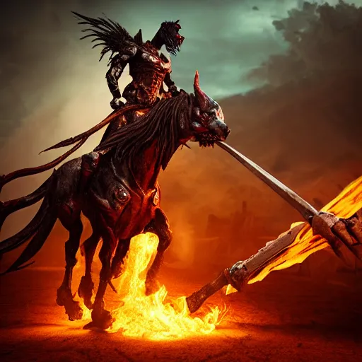Prompt: The Death Knight demon riding a horse on fire. Graveyard. Night. Full Moon. Cinema 4D. Octane engine. Octane Render. Realistic. cinematic, high quality, insane detail