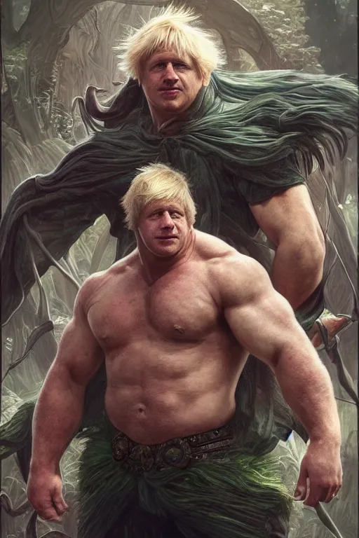 Image similar to portrait of boris johnson as a hulking herculean demon, forest, godlike, full body, fantasy, intricate, elegant, highly detailed, digital painting, artstation, concept art, sharp focus, illustration, art by artgerm and greg rutkowski and alphonse mucha