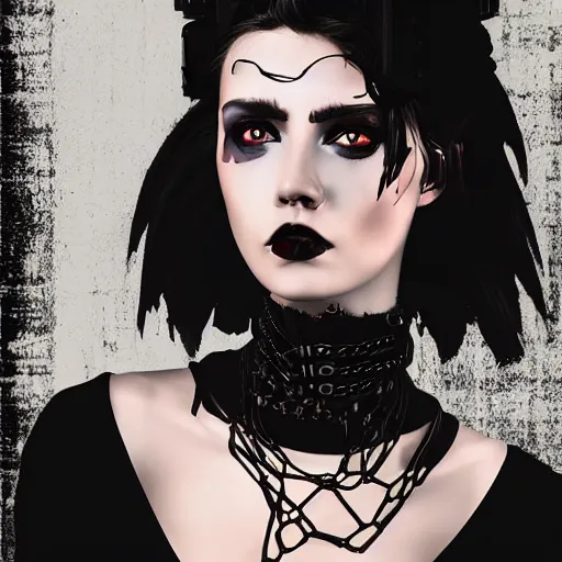 Prompt: a digital artwork of woman wearing technological large steel collar, choker on neck, dark cyberpunk art style, 4K, portrait, punk hairstyle,