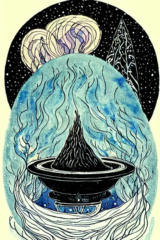 Image similar to a black witch's cauldron over a burning flames in the center of a circular frame, winter, snow, blue, night, sky, stars, snowy pines in the background, detailed art by kay nielsen and walter crane, illustration style, watercolor