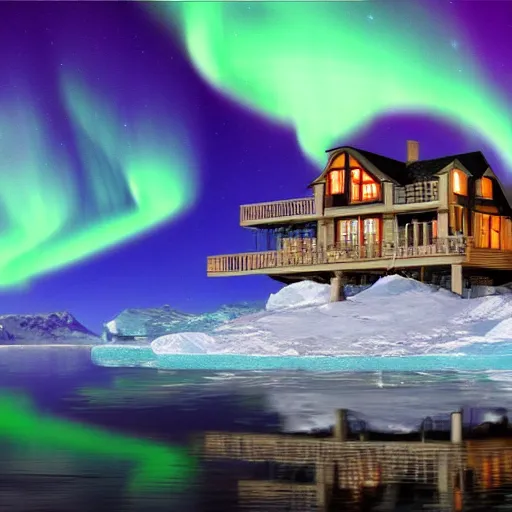 Image similar to treehouse style mansion built in the arctic on an iceberg with view of the northern lights over the ocean detailed luminescent oil painting 4 k