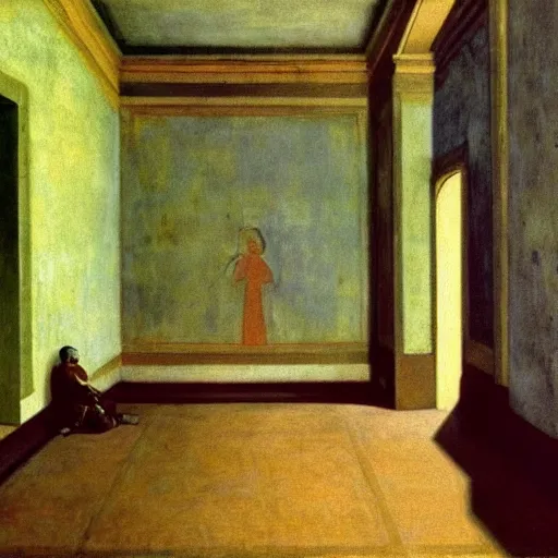 Prompt: a pope in an haunted liminal abandoned room, film still by edward hopper, by Pontormo, by klimt, pre-raphaelite. art noveau, art noveau, highly detailed, strong lights, liminal, eerie, Bright pastel colors