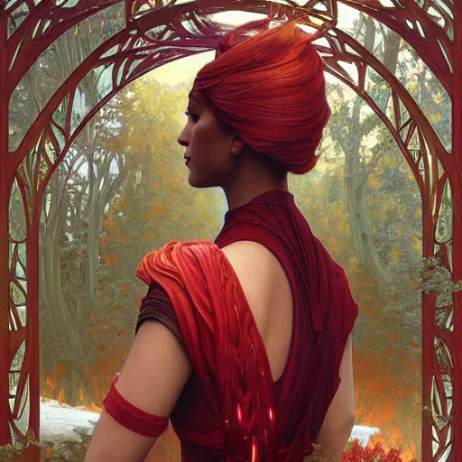 Image similar to romulan queen with red trees in background, intricate, elegant, highly detailed, digital painting, artstation, concept art, smooth, sharp focus, illustration, art by artgerm and greg rutkowski and alphonse mucha and william - adolphe bouguereau