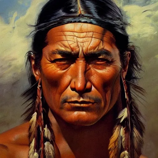 Image similar to ultra realistic portrait painting of a native american, art by frank frazetta, vintage levi ’ s ad, stormy weather, dark vibes, 4 k, ultra realistic, highly detailed, epic lighting
