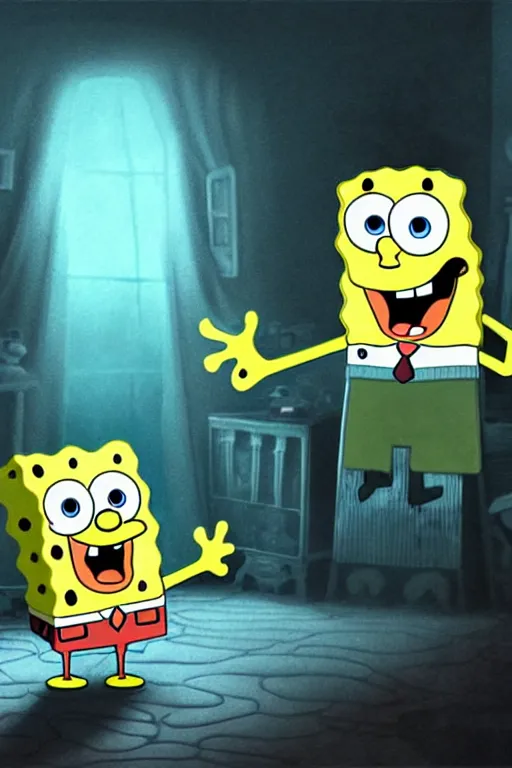 Prompt: spongebob as ghost in horror movie, uhd, arstation, 4 k, detail, ultra realistic, art by jacqueline e, color by tafy laplanche, background by bo feng lin