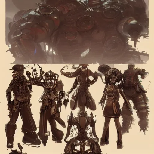 Image similar to monster enemy concept drawing for a steampunk fantasy tactical rpg, anime realism style, artwork by ilya kuvshinov, ross tran