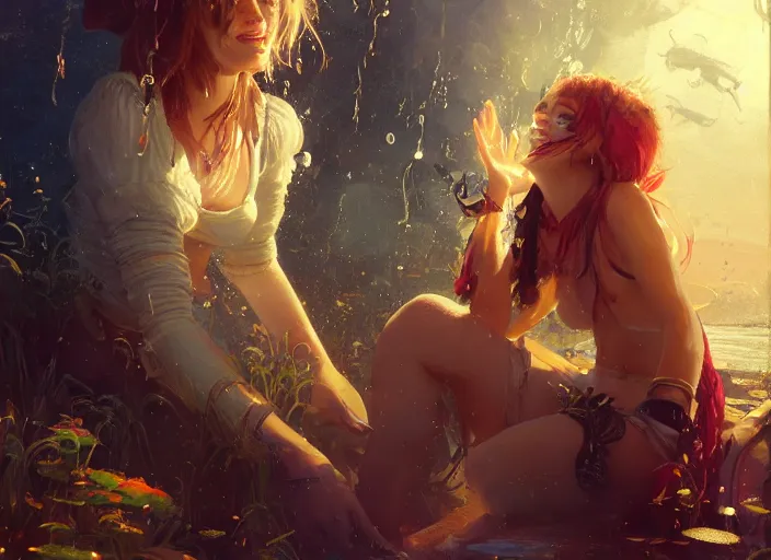 Image similar to full body picture of a pirate girl, looking at the treasure box, hard breathing, messy hair, very excited, smiling, sparkling eyes, magic and fantasy, whale monsters, beautiful and aesthetic and attractive and detailed face, specular reflection, occlusion shadow, intricate, bokeh, masterpiece, by ilya kuvshinov and jeremy lipking and quentin mabille