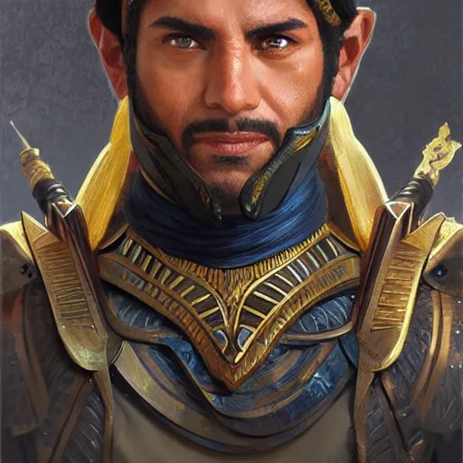 Image similar to egyptian warrior, steve toussaint, portrait, headshot, D&D, fantasy, highly detailed, digital painting, artstation, concept art, sharp focus, illustration, art by artgerm and greg rutkowski and alphonse mucha