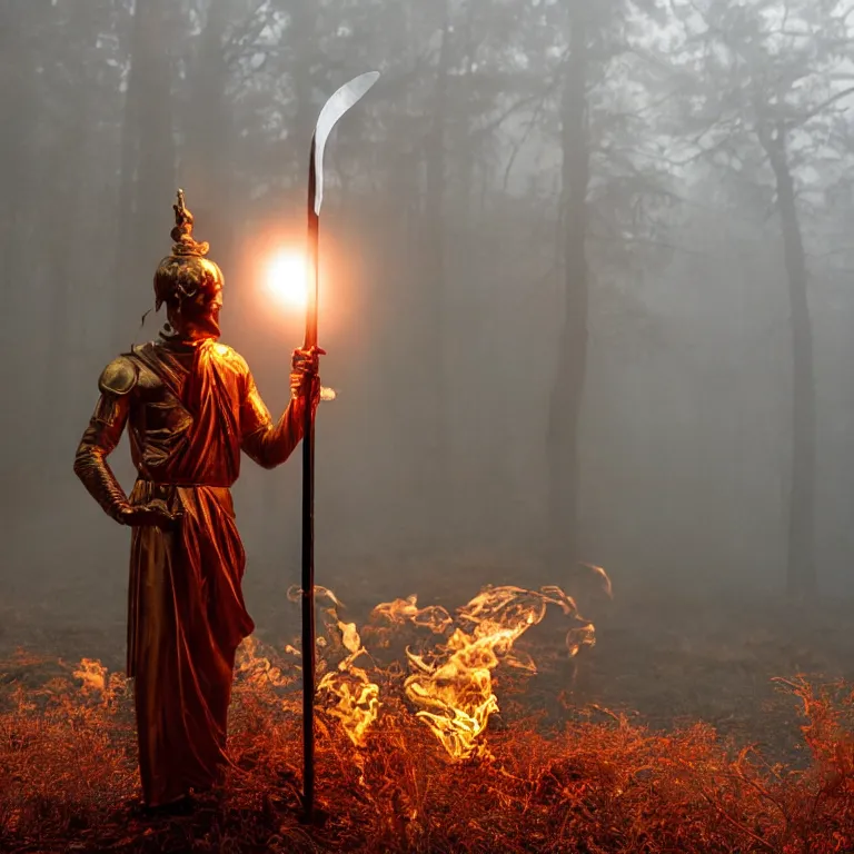 Prompt: golden man holding a sword obsidian sword sword on fire (Foggy forest backdrop) (red crescent moon) (white fog)