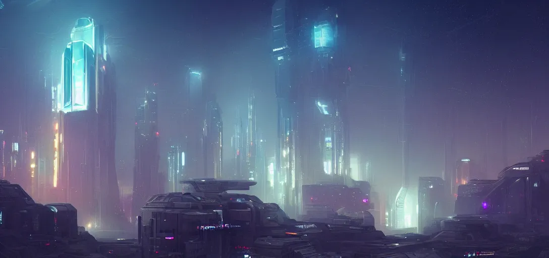 Prompt: view from the desert ground night galaxy of futuristic mechanical blade runner cubes cyberpunk architecture, light rays, symmetry, cinematic lighting, ultra detailed, sharp, ambient occlusion, bloom, raytracing, by greg rutowski, paul chadeisson and jessica rossier