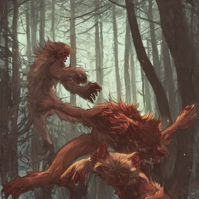 Image similar to a male werewolf with long claws fighting a young fit male vampire in a dark forest at night, by greg rutkowski and alphonse mucha, gradient brown to red, highly detailed, digital painting, artstation, concept art, smooth, sharp focus illustration