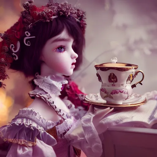 Image similar to A beautiful atmospheric photo of a beautiful Bjd doll girl, wearing cute victorian costume, fantasy tea cup, intricate details, sharp focus, symmetrical composition, octane render, 8k, volumetric lighting