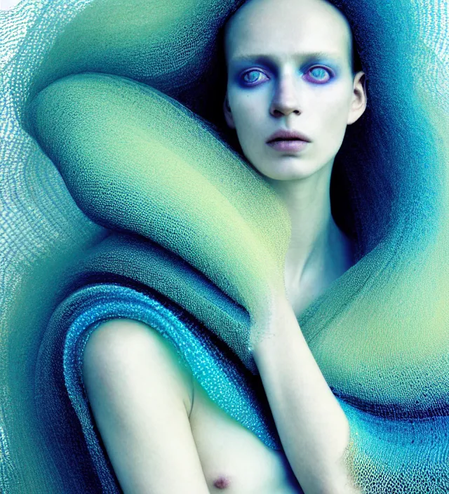 Image similar to photography face portrait of one stunning woman in white beach ocean, wearing one organic futurist shawl designed by iris van herpen,, creative colorfull - makeup, curly hair style halflong, photography by paolo roversi nick knight, helmut newton, avedon, and araki, sky forest background, natural pose, highly detailed, skin grain detail