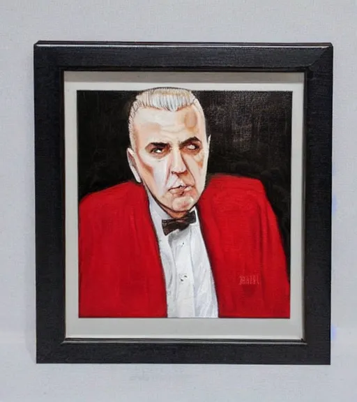 Prompt: framed portrait painting of paulie walnuts sitting at a mafia table