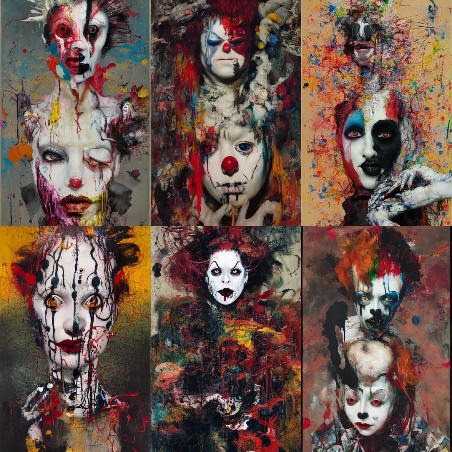 Image similar to clown girl, gothic, rich deep colours, painted by francis bacon, adrian ghenie, james jean and petra cortright, part by gerhard richter, part by takato yamamoto. 8 k masterpiece