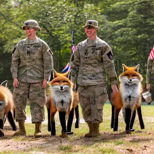 Image similar to a group of fox animals dressed in modern american military soldier uniforms, foxes laughing at a computer, 8 5 mm f / 1. 4