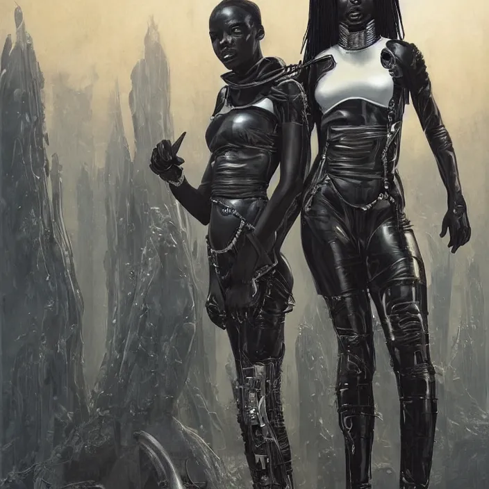 Prompt: african domme mistress, full body, black supremacy, rubber and latex, postapocalyptic, smooth white surroundings, future, high tech, concept art, realistic painting, digital art by greg rutkowski, by alex grey