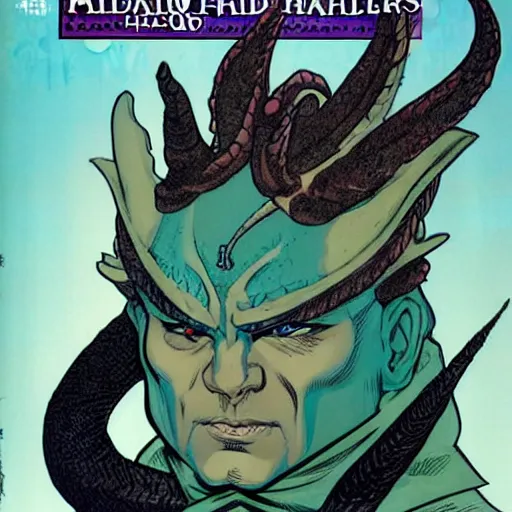 Prompt: head and shoulders portrait of a medieval d & d fantasy anthropomorphic blue dragon - headed sorcerer, comic book cover art by phil noto and frank miller
