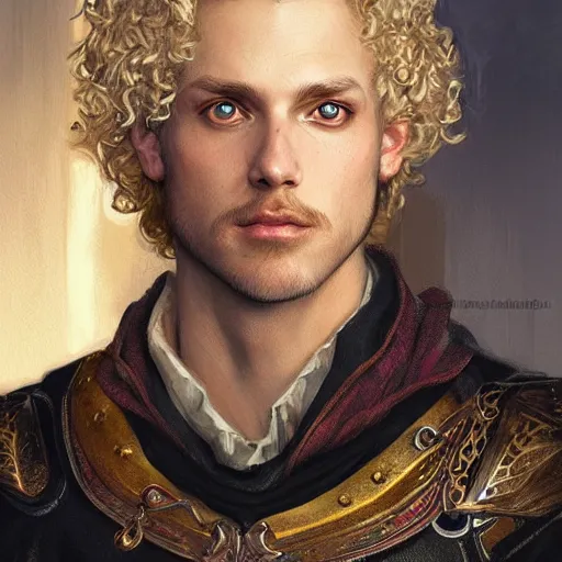 Image similar to blonde curly-haired medieval nobleman, D&D, doublet, painted fantasy character portrait, highly detailed, digital painting, artstation, concept art, sharp focus, illustration, art by artgerm and greg rutkowski and alphonse mucha