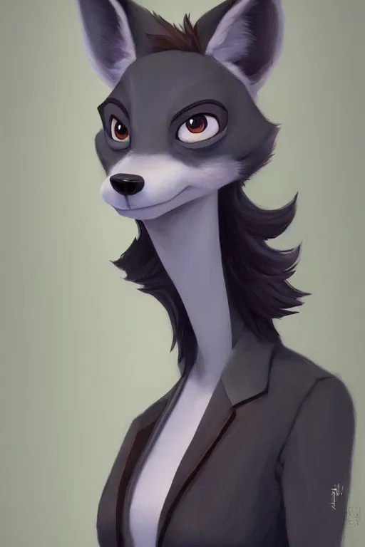 Image similar to oil painting of anthromorphic female wolf, in style of cory loftis, female fursona, furry, furaffinity, 4 k, deviantart, furry art, fursona art, wearing black business suit, business suit, in style of zootopia, wolf fursona, cyberpunk, female, very expressive detailed feminine face,