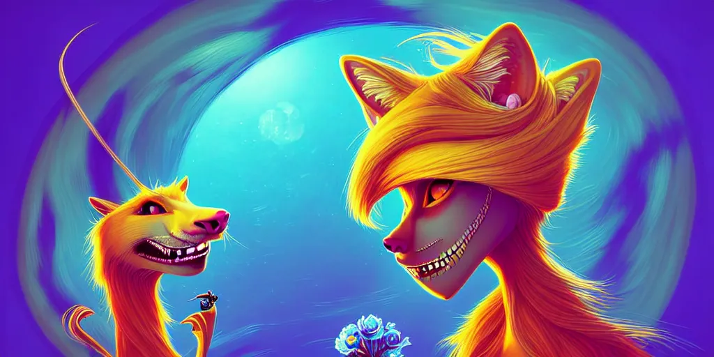 Image similar to curved perspective, extreme narrow, extreme fisheye, digital art of an hallucinogenic female embalmed marten animal wearing jewlery with blonde hairstyle with blue flower in hair by anton fadeev from nightmare before christmas