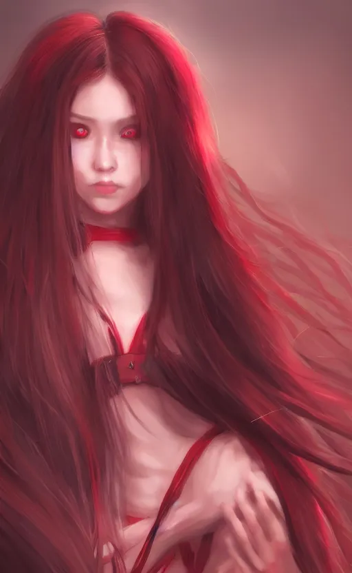 Image similar to ''beautiful girl with long hair, red eyes, japanese miko suit, creepy eyes, creepy art, concept art, artstation, digital painting, 4 k''