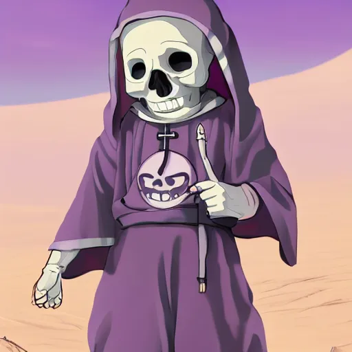 Prompt: cute little boy wearing an skull mask and dressed in an nun outfit in desert, purple color palette, artwork made in made in abyss art style, inspired in ddtank and hirohiko araki, ray tracing, soft details, anatomically correct