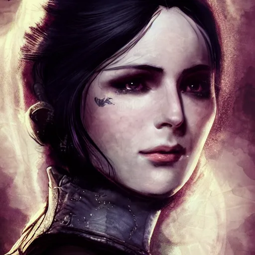 Image similar to yennefer as a medieval fantasy tolkien elf, dark purplish hair tucked behind ears, wearing leather with a fur lined collar, wide, muscular build, scar across the nose, cinematic, character art, real life, 8 k, detailed.