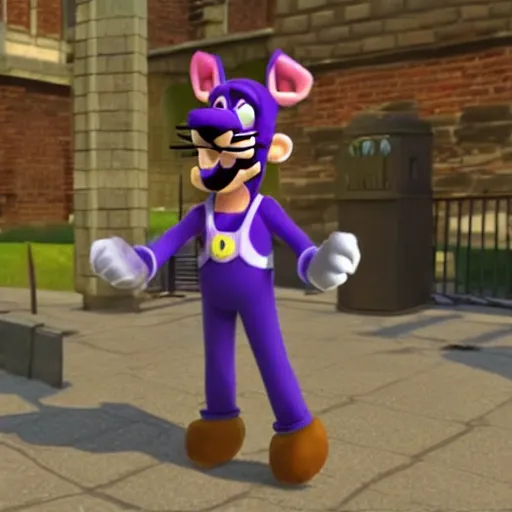 Image similar to waluigi from mario kart wearing a cat costume from peach, epic, unreal engine