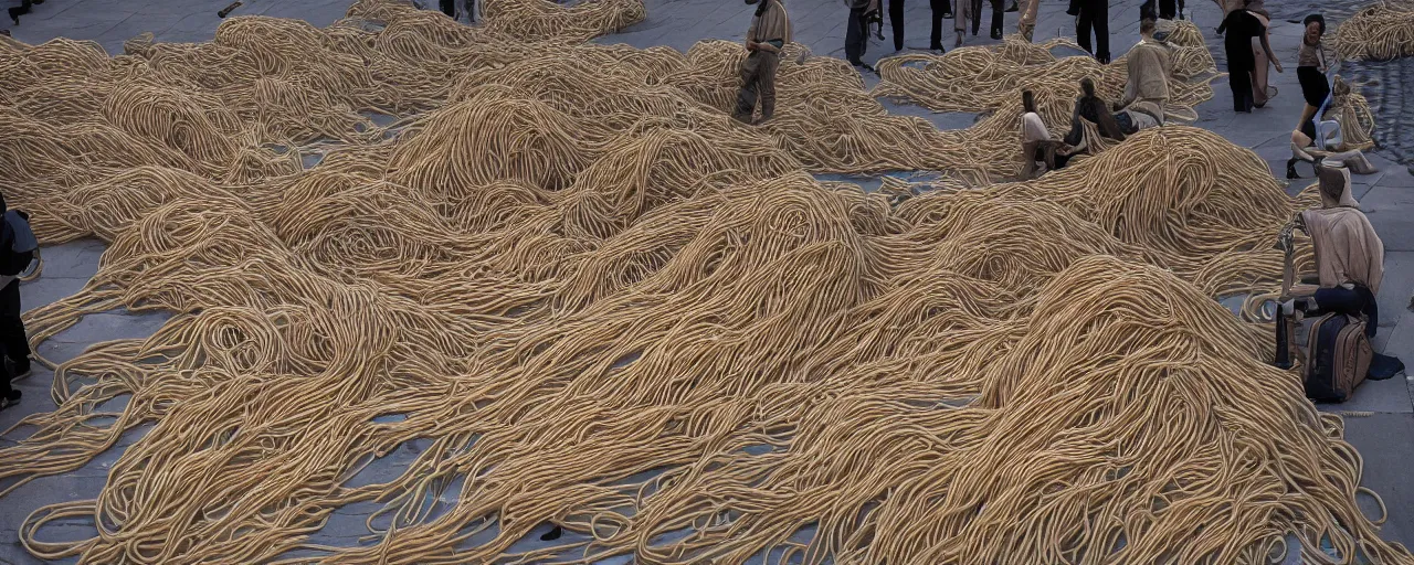 Image similar to wide angle of collection of human - like statues of made of spaghetti in an empty european plaza, canon 5 0 mm, cinematic lighting, photography, retro, film, kodachrome, closeup