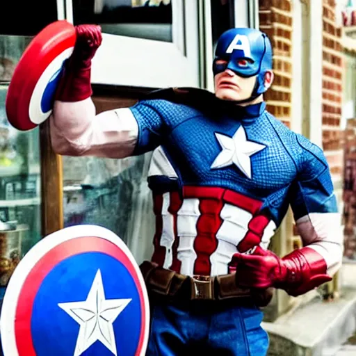 Prompt: captain america fighting the customers in a british pub