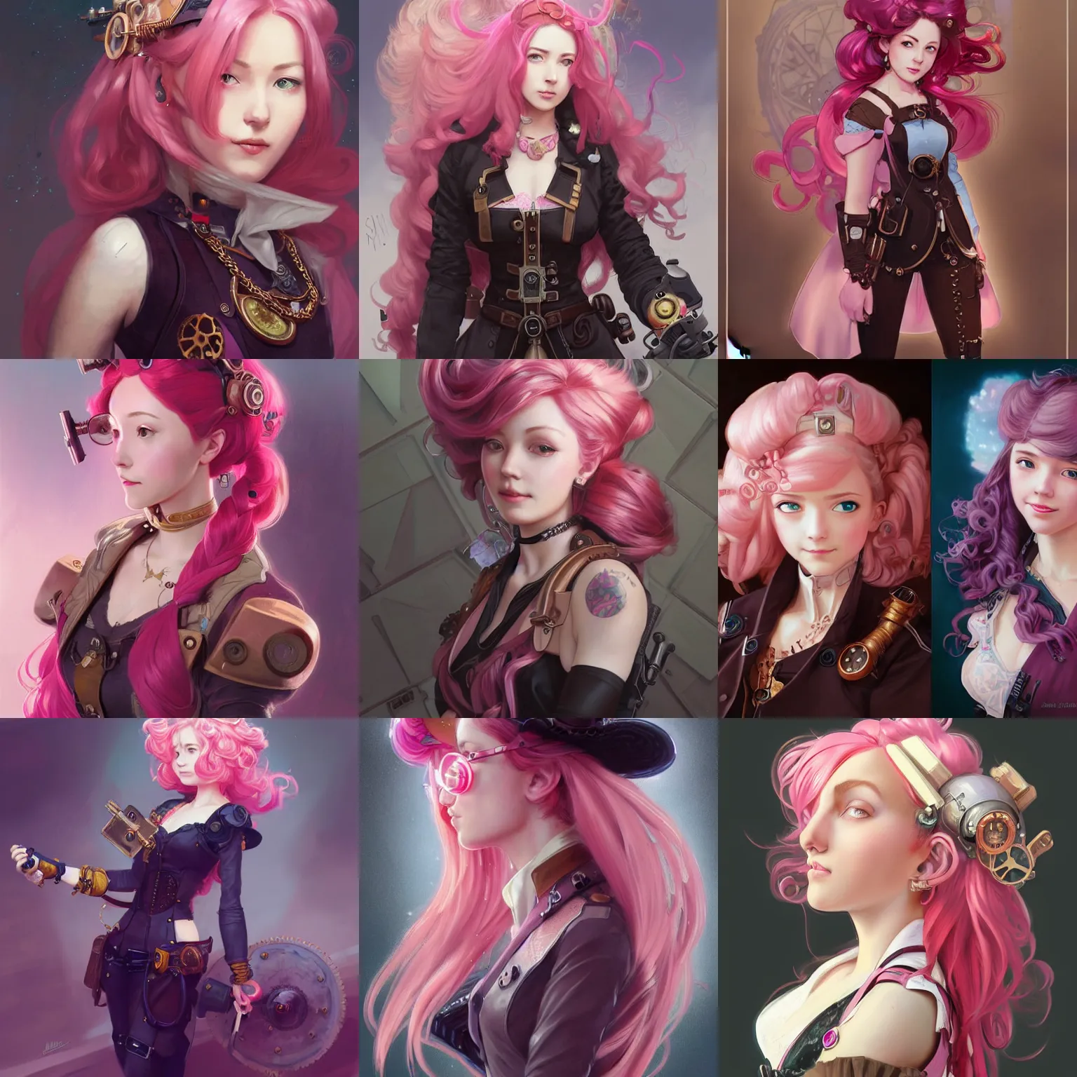 Prompt: steampunk inventor girl, pink hair, looks like Mei Hatsume, portrait, highly detailed, digital painting, artstation, concept art, sharp focus, illustration, art by artgerm and greg rutkowski and alphonse mucha