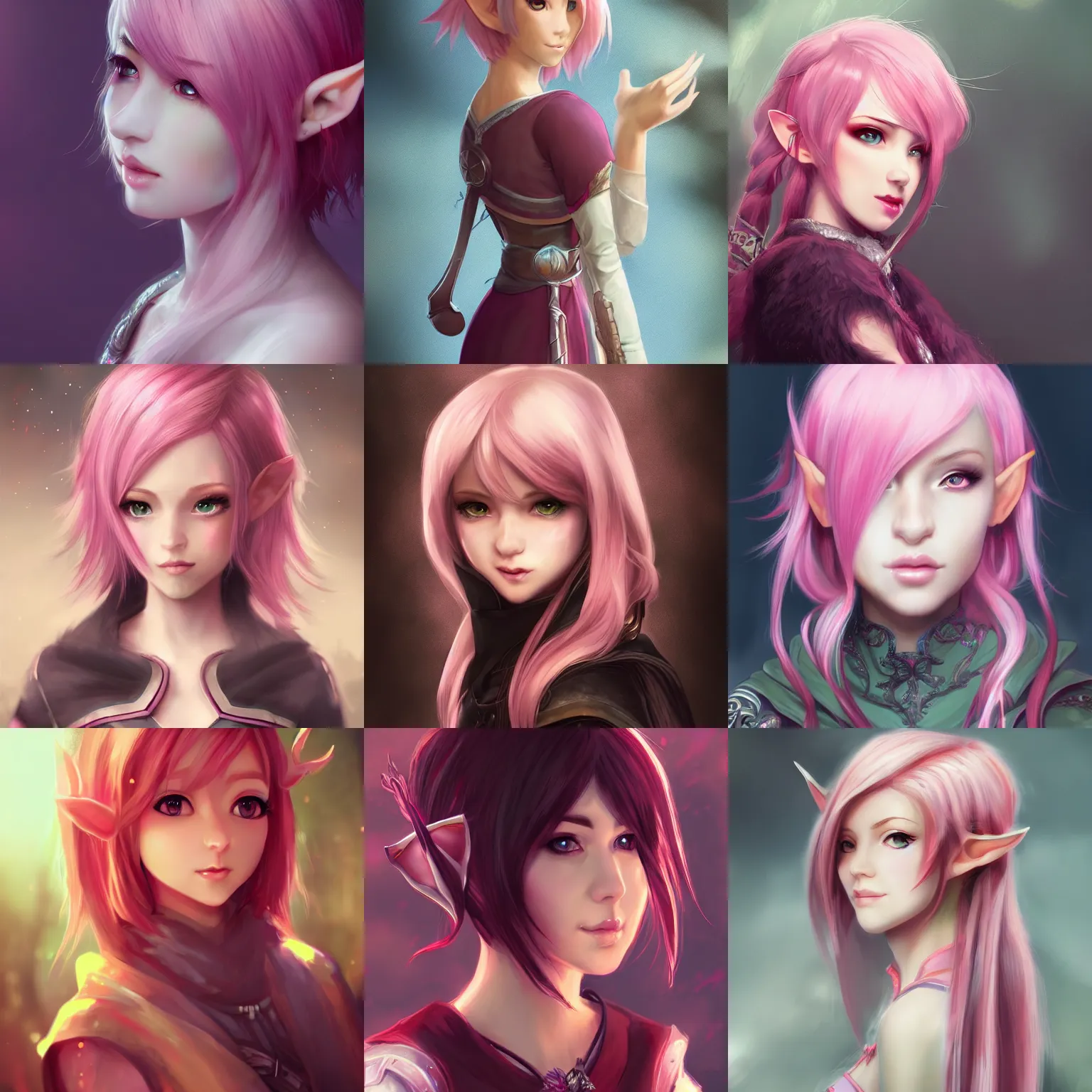 Prompt: a beautiful half elf with short pink hair, portrait, character art, pixiv, artstarion, cinematic lighting, highly detailed, illustration, smooth