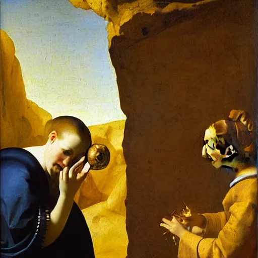 Prompt: Oil painting of an artificially-intelligent android examining an ammonite fossil in the style of The Astronomer by Johannes Vermeer, 1666, highly detailed