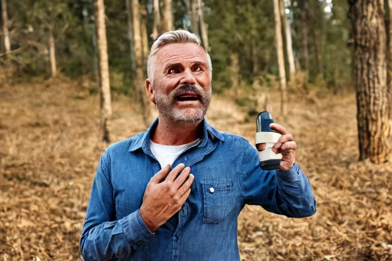 Image similar to a cinematic portrait of a middle aged man with golden teeth, forest background, wearing a white rugged shirt, dramatic lighting, back light, hair light, rim light, 4 k, ultra realistic, by clemens ascher