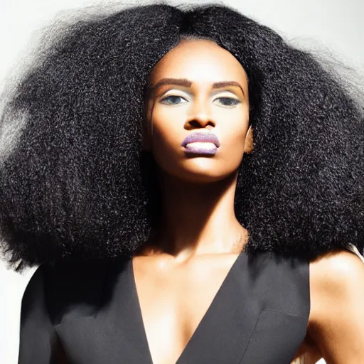 Prompt: Close up of a beautiful black female fashion model with huge hair wearing a black robotic dress in room of mirrors, photography ,vogue magazine editorial