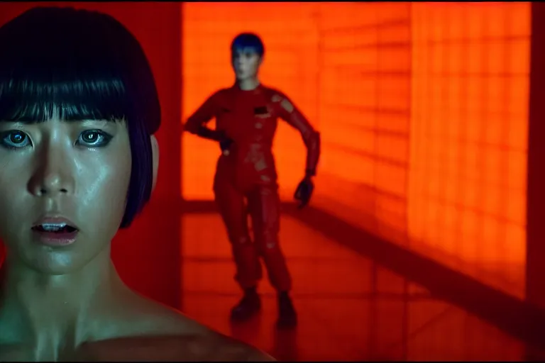 Image similar to major motoko wearing an orange prison jumpsuit, a large hologram of a screaming face dominates the background, photography by fred palacio medium full shot still from bladerunner 2 0 4 9, sci fi, bladerunner, canon eos r 3, f / 3, iso 2 0 0, 1 / 1 6 0 s, 8 k, raw, unedited