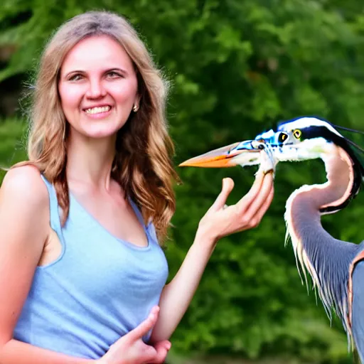 Prompt: woman holding a great blue heron