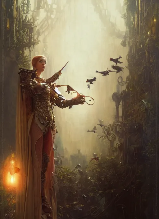 Image similar to hyper realistic knight casting a spell, refined details, denoised, birds eye view, magical, gems, jewels, gold, steampunk, cyberpunk utopia, painted by tom bagshaw, mucha, gaston bussiere, craig mullins, j. c. leyendecker 8 k