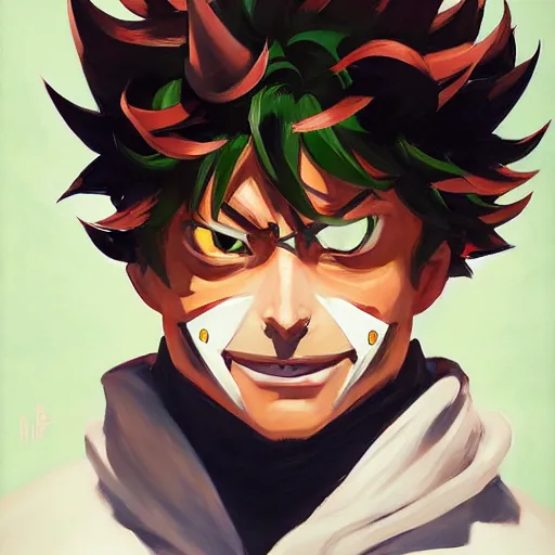 Prompt: greg manchess portrait painting of izuku midoriya as overwatch character, medium shot, asymmetrical, profile picture, organic painting, sunny day, matte painting, bold shapes, hard edges, street art, trending on artstation, by huang guangjian and gil elvgren and sachin teng