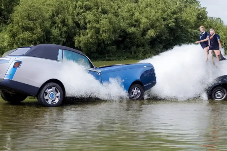 Image similar to Group of teenagers push Rolls-Royce into lake with their hands from a small slide