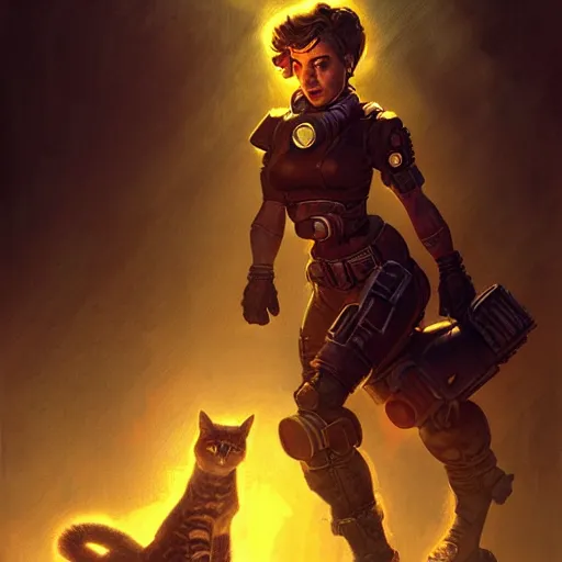 Image similar to fallout 5 concept art, female protagonist and feline companion, atmospheric lighting, painted, intricate, volumetric lighting, beautiful, gritty, rich deep colours masterpiece, sharp focus, ultra detailed by jack kirby, ignacio fernandez rios, thierry doizon