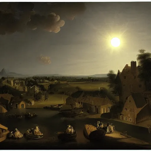 Prompt: dark solar eclipse, above a village, highly detailed, studio 4 k quality, by pieter claesz