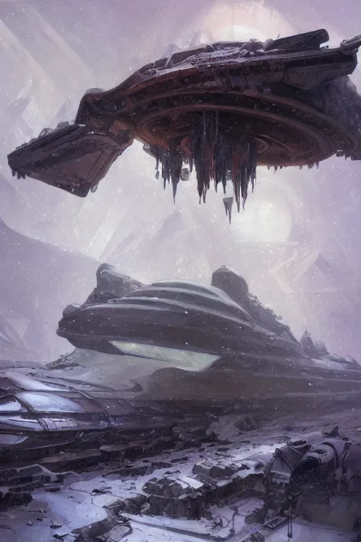 Image similar to ancient crashed spaceship in ice, snowstorm, horror, intricate digital painting artstation concept art smooth sharp focus illustration, art by artgerm and paul chadeisson and greg rutkowski and alphonse mucha